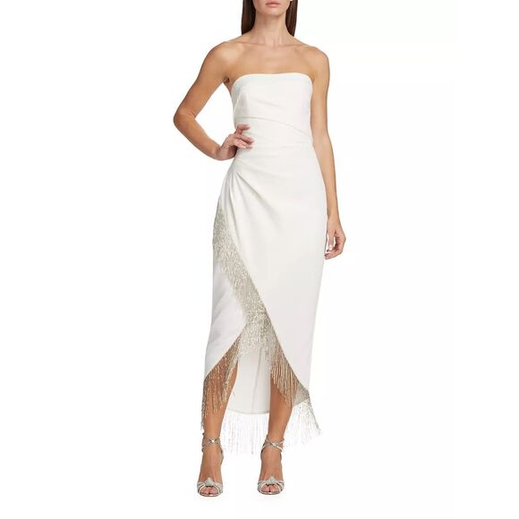 Marchesa Notte Strapless Asymmetric Bead-Trim Dress